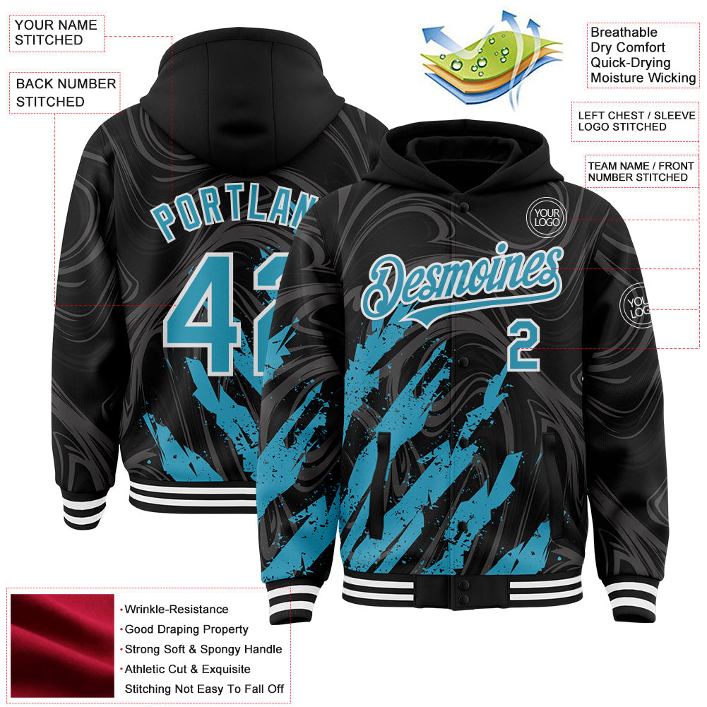 Custom Black Panther Blue-White Splash 3D Pattern Design Bomber Full-Snap Varsity Letterman Hoodie Jacket