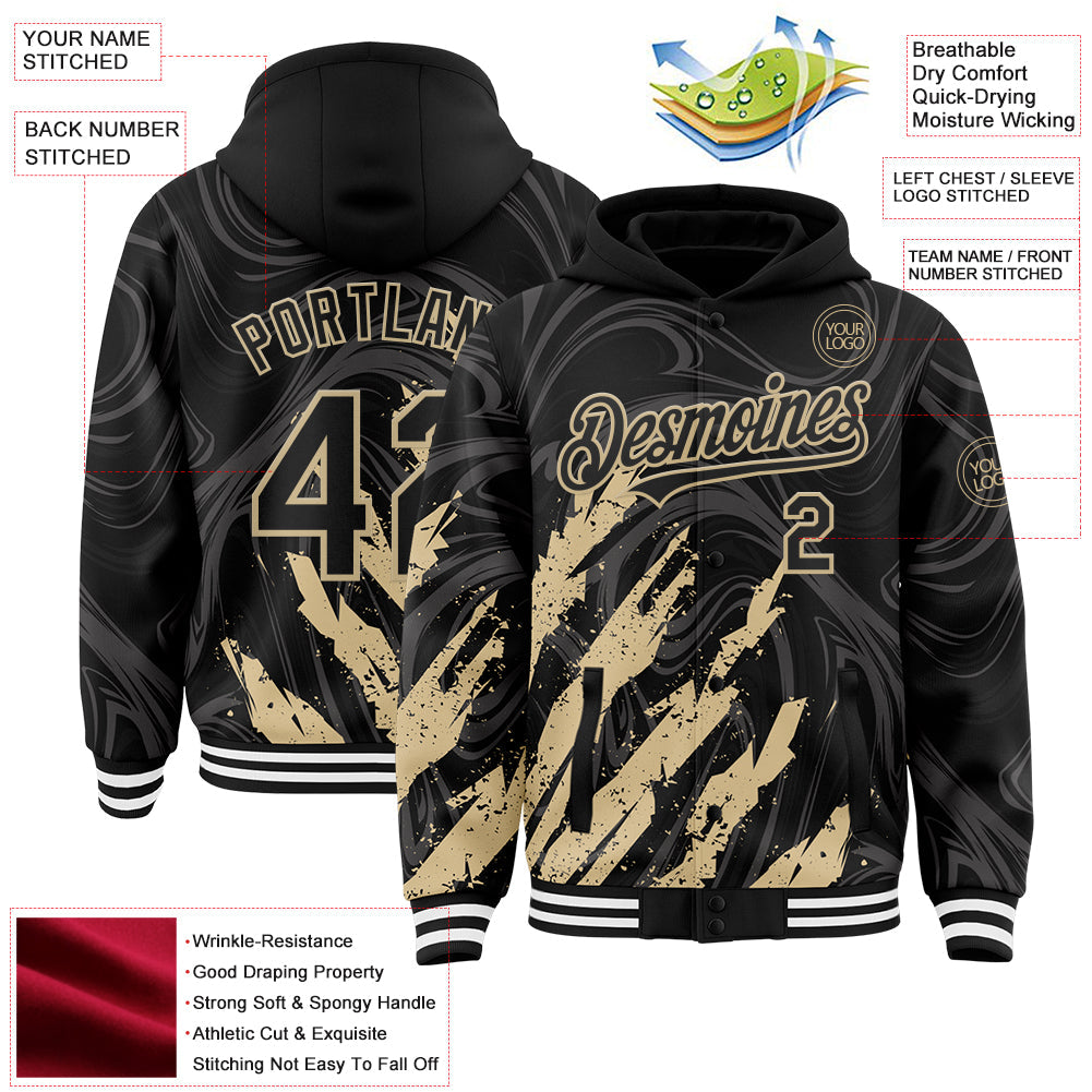 Custom Black Vegas Gold-White Splash 3D Pattern Design Bomber Full-Snap Varsity Letterman Hoodie Jacket