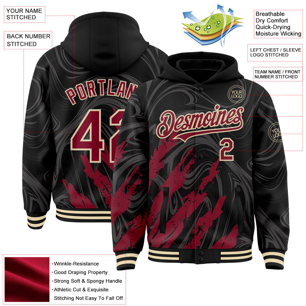 Custom Black Crimson-Cream Splash 3D Pattern Design Bomber Full-Snap Varsity Letterman Hoodie Jacket