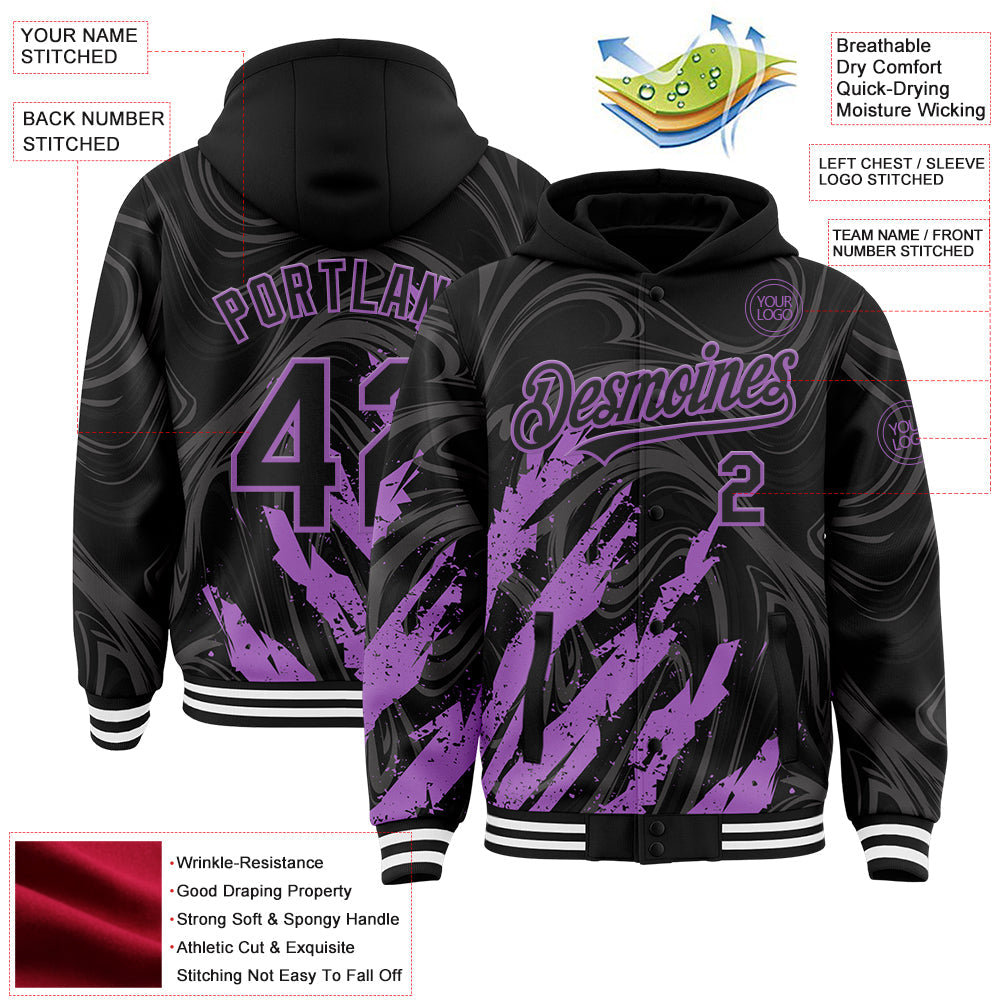 Custom Black Medium Purple-White Splash 3D Pattern Design Bomber Full-Snap Varsity Letterman Hoodie Jacket