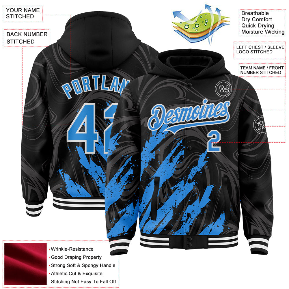 Custom Black Powder Blue-White Splash 3D Pattern Design Bomber Full-Snap Varsity Letterman Hoodie Jacket