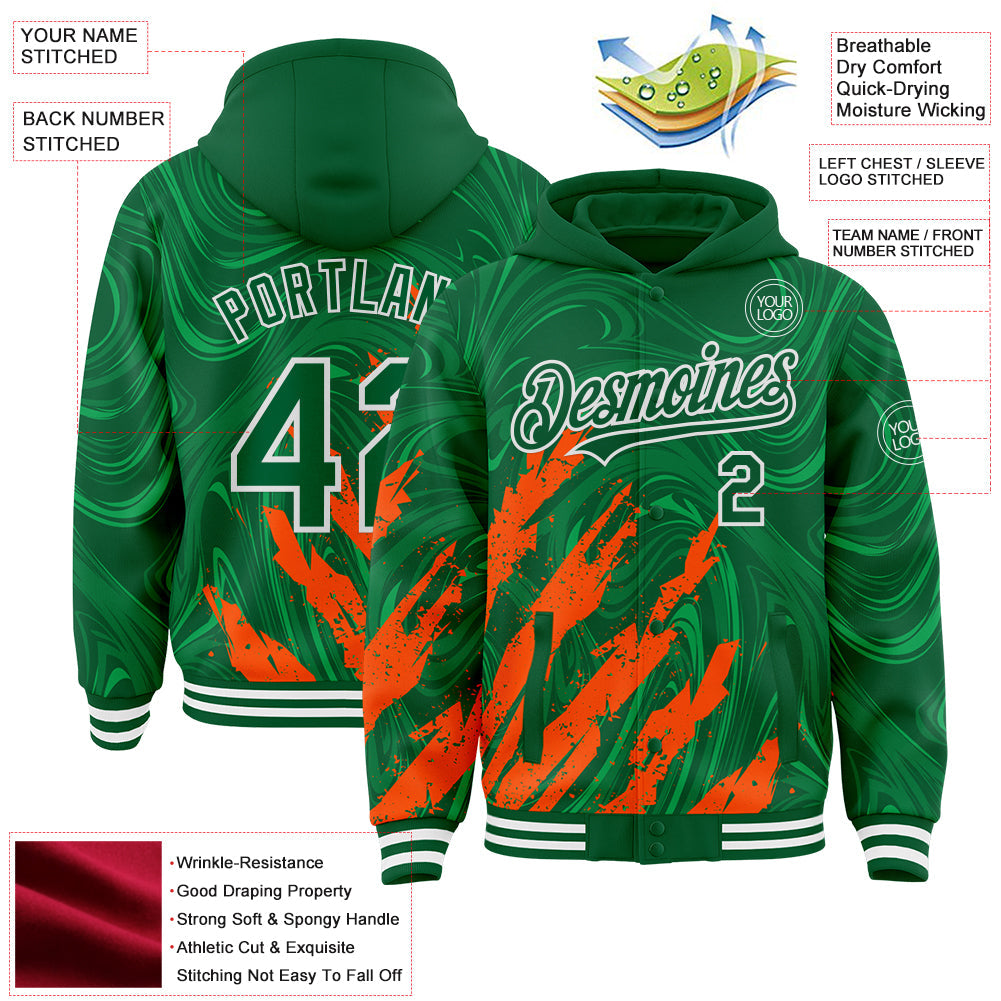 Custom Kelly Green Orange-White Splash 3D Pattern Design Bomber Full-Snap Varsity Letterman Hoodie Jacket