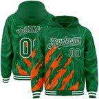 Custom Kelly Green Orange-White Splash 3D Pattern Design Bomber Full-Snap Varsity Letterman Hoodie Jacket