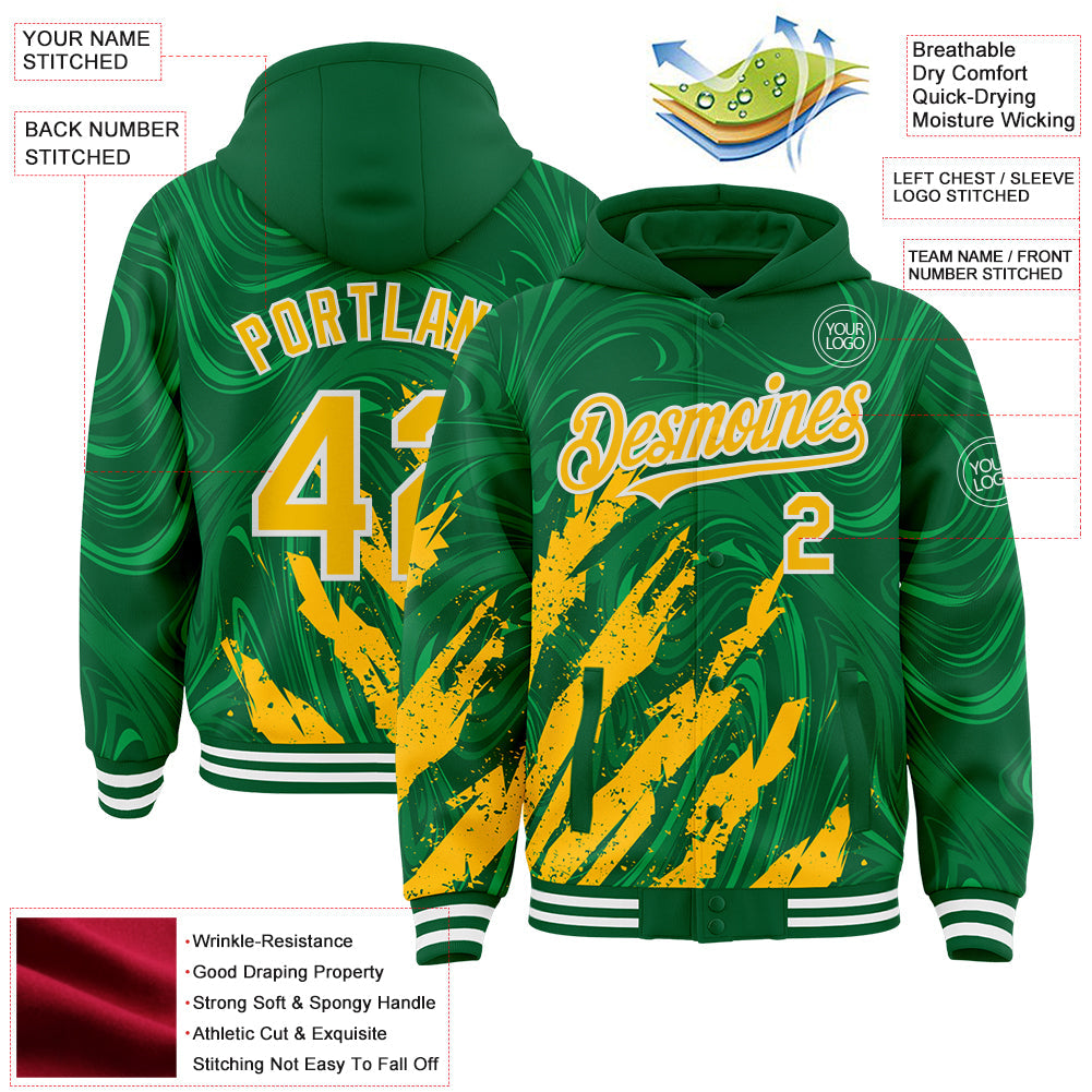 Custom Kelly Green Gold-White Splash 3D Pattern Design Bomber Full-Snap Varsity Letterman Hoodie Jacket