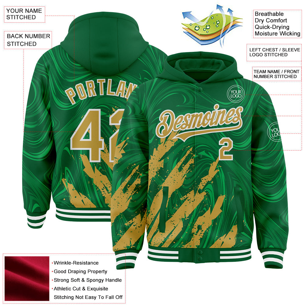 Custom Kelly Green Old Gold-White Splash 3D Pattern Design Bomber Full-Snap Varsity Letterman Hoodie Jacket