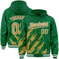Custom Kelly Green Old Gold-White Splash 3D Pattern Design Bomber Full-Snap Varsity Letterman Hoodie Jacket
