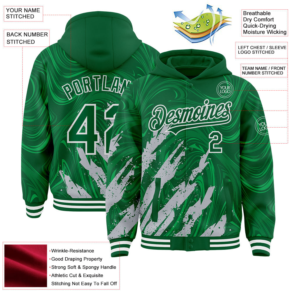 Custom Kelly Green Gray-White Splash 3D Pattern Design Bomber Full-Snap Varsity Letterman Hoodie Jacket