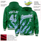 Custom Kelly Green Light Blue-White Splash 3D Pattern Design Bomber Full-Snap Varsity Letterman Hoodie Jacket