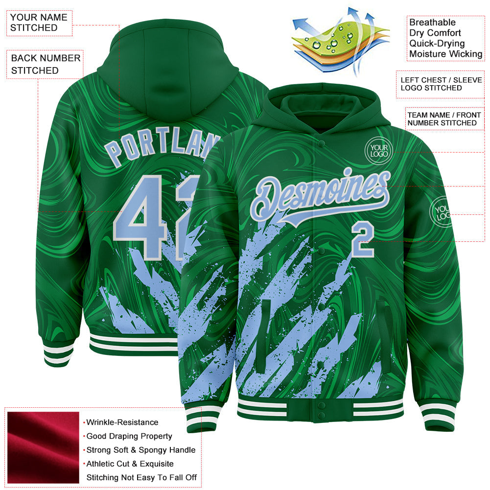 Custom Kelly Green Light Blue-White Splash 3D Pattern Design Bomber Full-Snap Varsity Letterman Hoodie Jacket