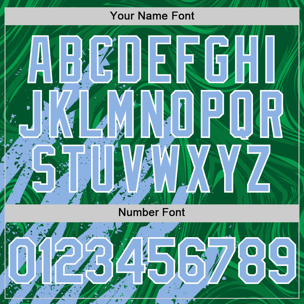 Custom Kelly Green Light Blue-White Splash 3D Pattern Design Bomber Full-Snap Varsity Letterman Hoodie Jacket