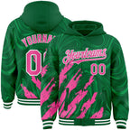 Custom Kelly Green Pink-White Splash 3D Pattern Design Bomber Full-Snap Varsity Letterman Hoodie Jacket