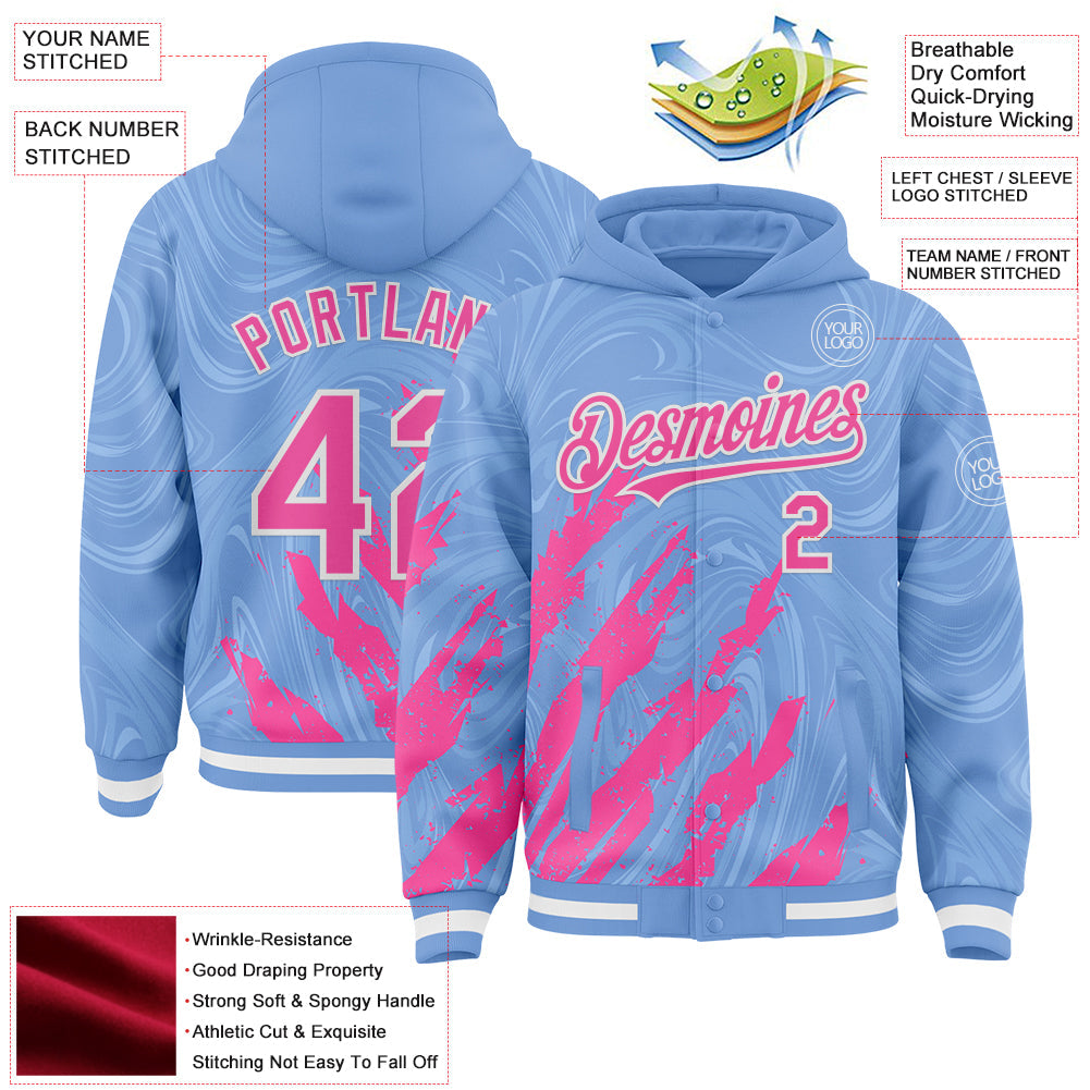 Custom Light Blue Pink-White Splash 3D Pattern Design Bomber Full-Snap Varsity Letterman Hoodie Jacket