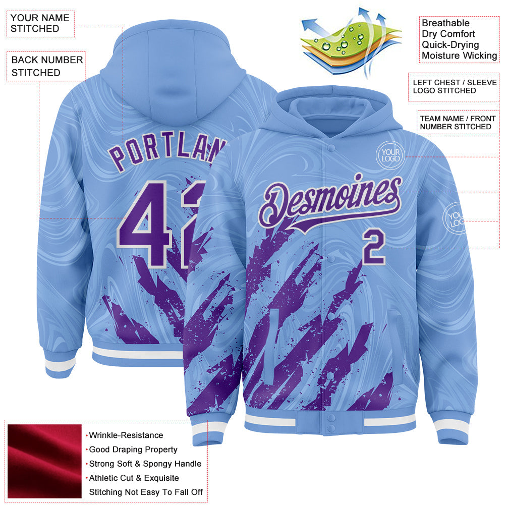 Custom Light Blue Purple-White Splash 3D Pattern Design Bomber Full-Snap Varsity Letterman Hoodie Jacket