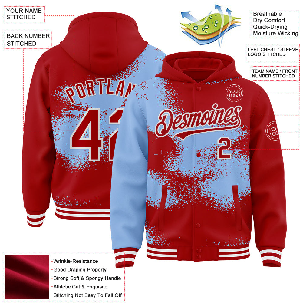 Custom Black Light Blue-White Abstract Color Blocks Fragment 3D Pattern Design Bomber Full-Snap Varsity Letterman Hoodie Jacket