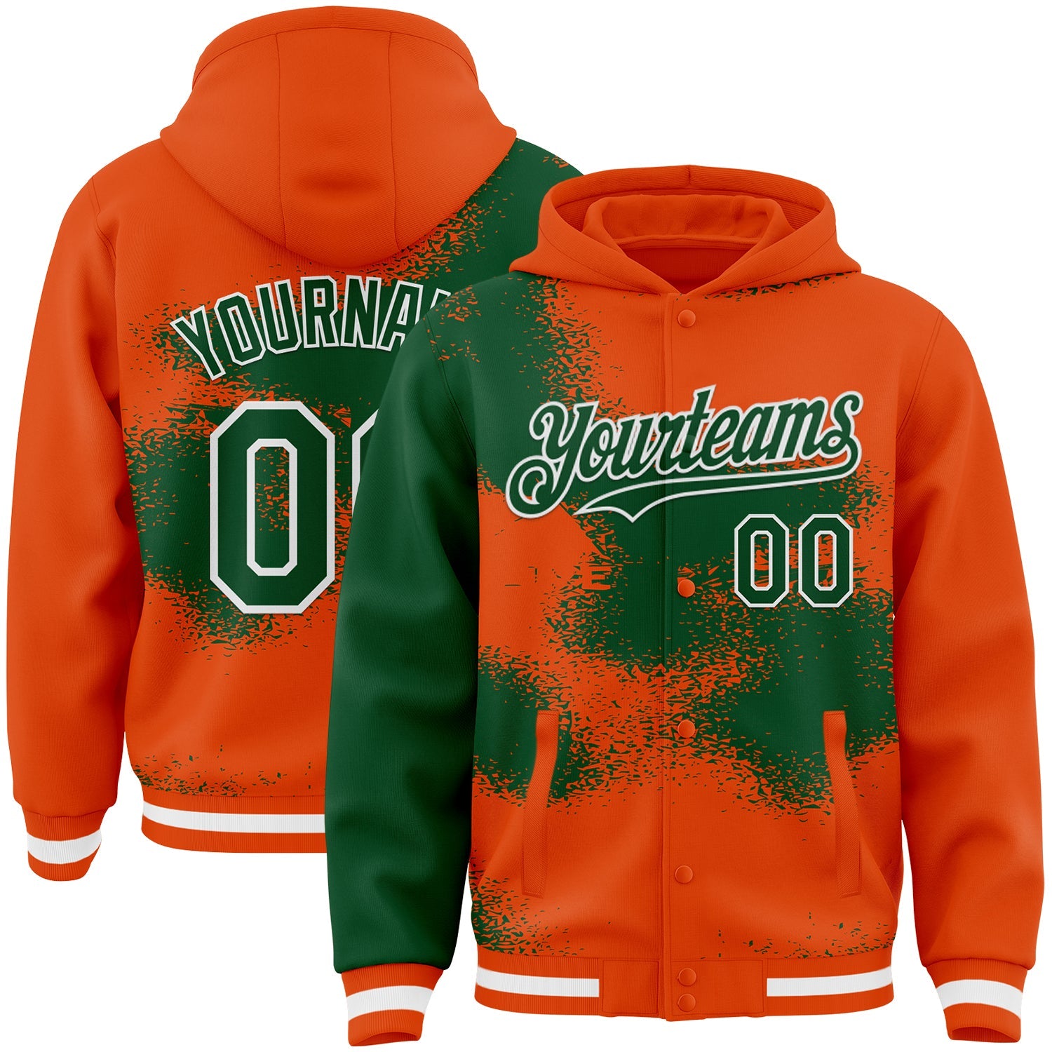 Custom Orange Green-White Abstract Color Blocks Fragment 3D Pattern Design Bomber Full-Snap Varsity Letterman Hoodie Jacket