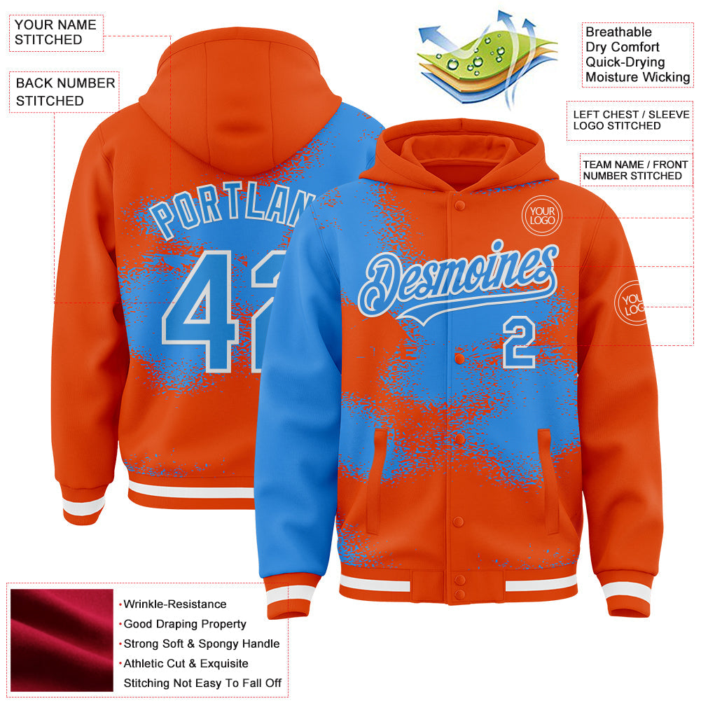Custom Orange Powder Blue-White Abstract Color Blocks Fragment 3D Pattern Design Bomber Full-Snap Varsity Letterman Hoodie Jacket