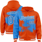 Custom Orange Powder Blue-White Abstract Color Blocks Fragment 3D Pattern Design Bomber Full-Snap Varsity Letterman Hoodie Jacket