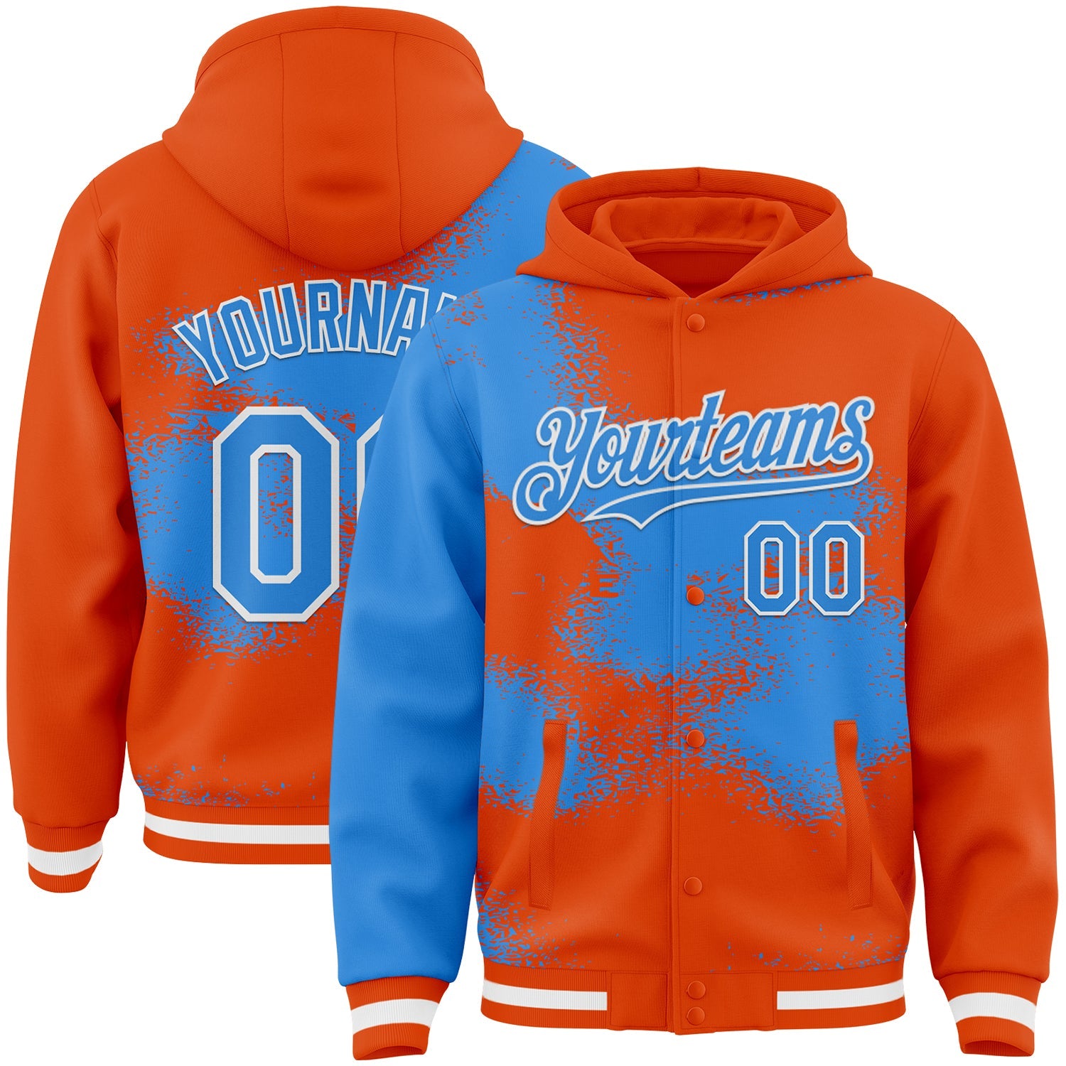 Custom Orange Powder Blue-White Abstract Color Blocks Fragment 3D Pattern Design Bomber Full-Snap Varsity Letterman Hoodie Jacket