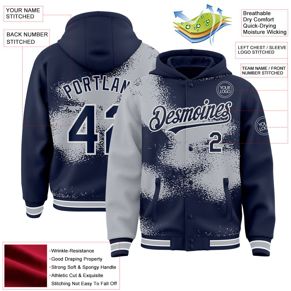 Custom Navy Gray-White Abstract Color Blocks Fragment 3D Pattern Design Bomber Full-Snap Varsity Letterman Hoodie Jacket