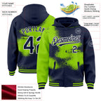 Custom Navy Neon Green-White Abstract Color Blocks Fragment 3D Pattern Design Bomber Full-Snap Varsity Letterman Hoodie Jacket