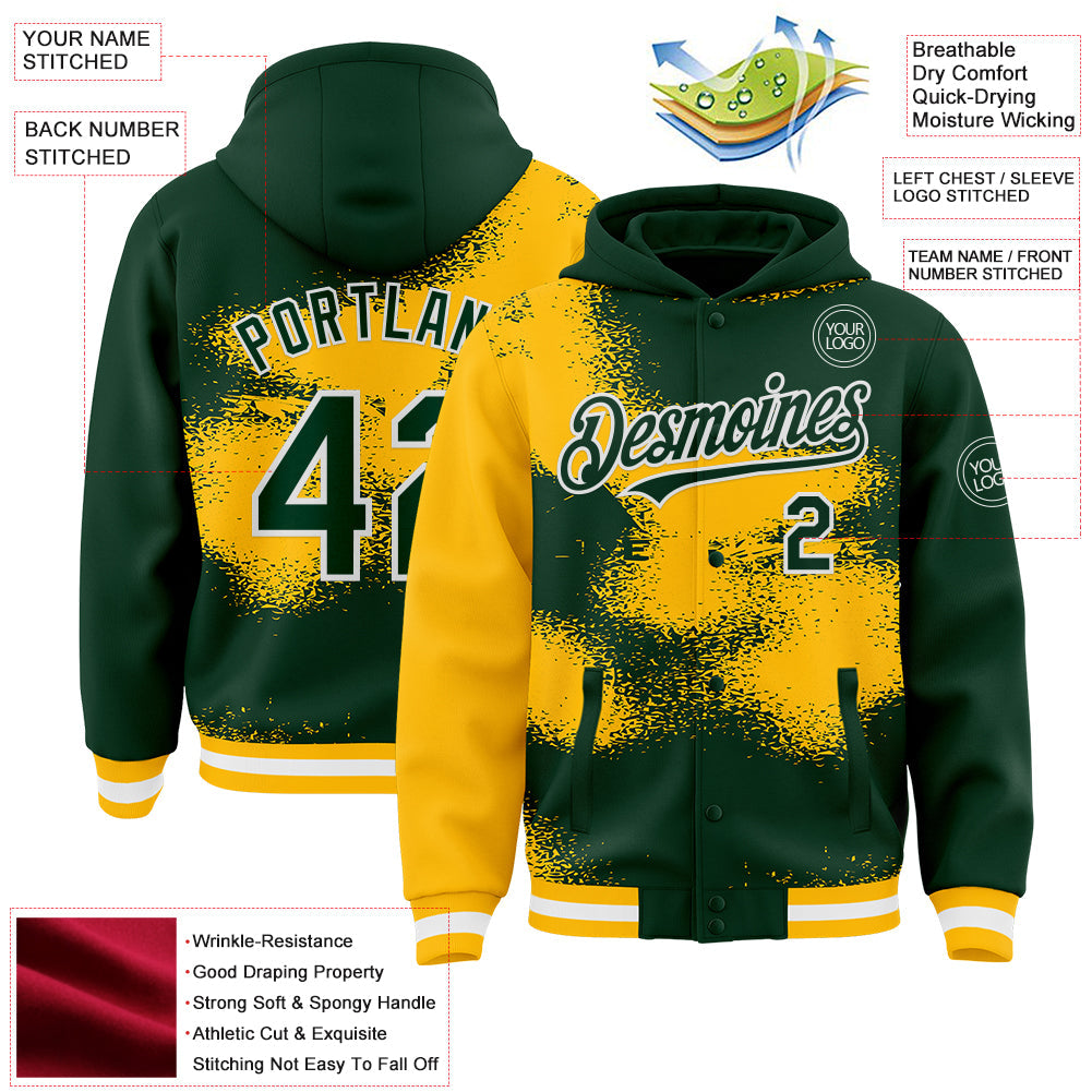 Custom Green Gold-White Abstract Color Blocks Fragment 3D Pattern Design Bomber Full-Snap Varsity Letterman Hoodie Jacket