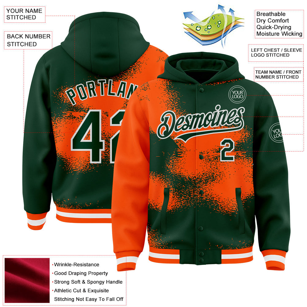 Custom Green Orange-White Abstract Color Blocks Fragment 3D Pattern Design Bomber Full-Snap Varsity Letterman Hoodie Jacket