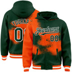 Custom Green Orange-White Abstract Color Blocks Fragment 3D Pattern Design Bomber Full-Snap Varsity Letterman Hoodie Jacket