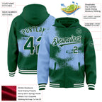 Custom Kelly Green Light Blue-White Abstract Color Blocks Fragment 3D Pattern Design Bomber Full-Snap Varsity Letterman Hoodie Jacket