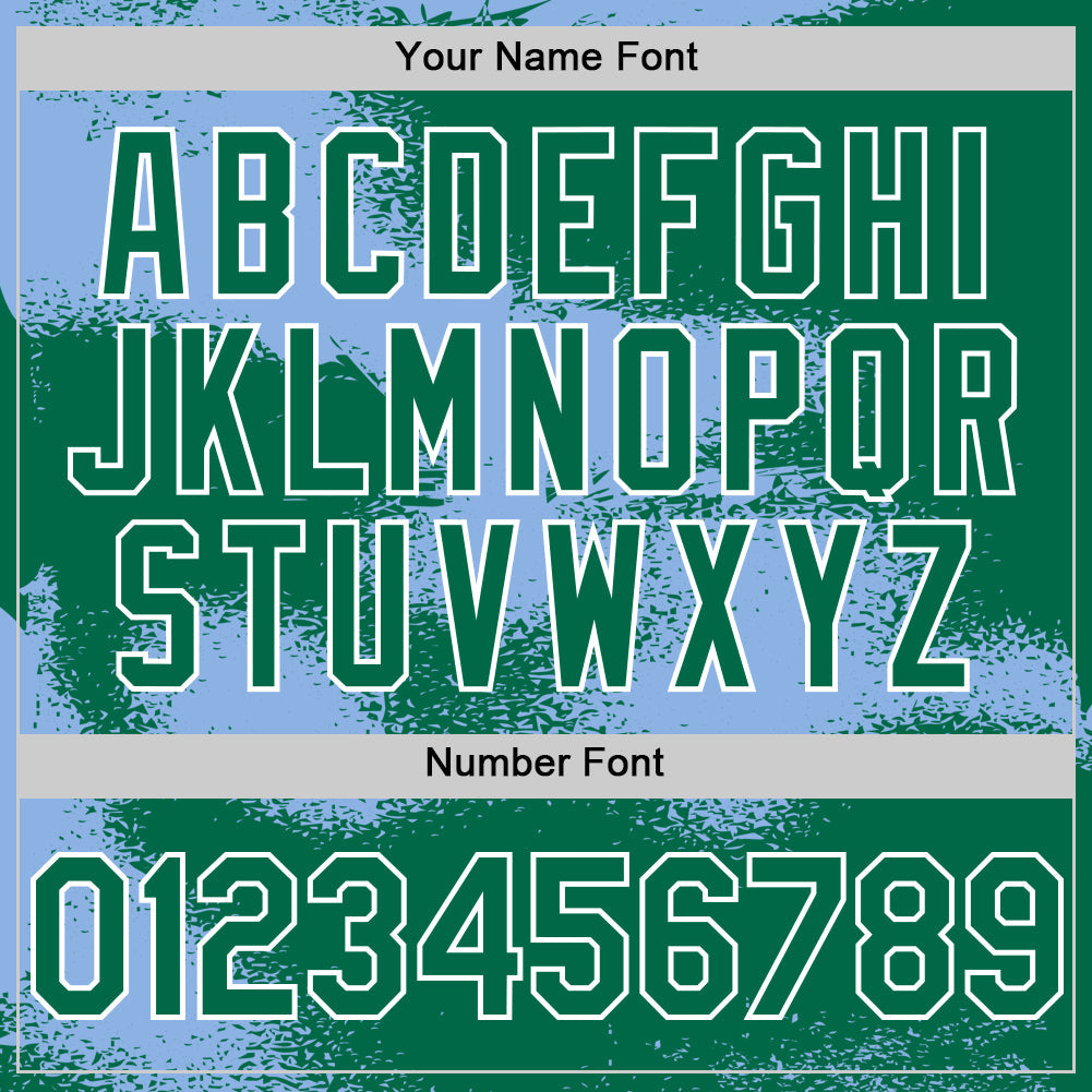 Custom Kelly Green Light Blue-White Abstract Color Blocks Fragment 3D Pattern Design Bomber Full-Snap Varsity Letterman Hoodie Jacket