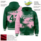 Custom Kelly Green Light Pink-White Abstract Color Blocks Fragment 3D Pattern Design Bomber Full-Snap Varsity Letterman Hoodie Jacket