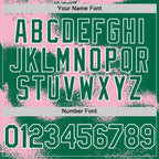 Custom Kelly Green Light Pink-White Abstract Color Blocks Fragment 3D Pattern Design Bomber Full-Snap Varsity Letterman Hoodie Jacket