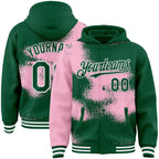 Custom Kelly Green Light Pink-White Abstract Color Blocks Fragment 3D Pattern Design Bomber Full-Snap Varsity Letterman Hoodie Jacket