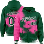 Custom Kelly Green Pink-White Abstract Color Blocks Fragment 3D Pattern Design Bomber Full-Snap Varsity Letterman Hoodie Jacket