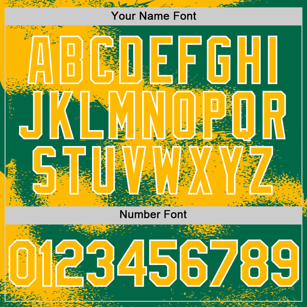 Custom Kelly Green Gold-White Abstract Color Blocks Fragment 3D Pattern Design Bomber Full-Snap Varsity Letterman Hoodie Jacket