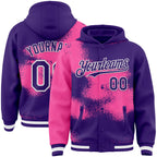 Custom Purple Pink-White Abstract Color Blocks Fragment 3D Pattern Design Bomber Full-Snap Varsity Letterman Hoodie Jacket