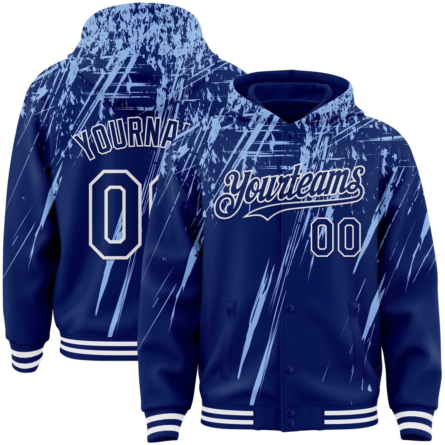 Custom Royal Light Blue-White Splash 3D Pattern Design Bomber Full-Snap Varsity Letterman Hoodie Jacket