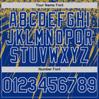 Custom Royal Old Gold-White Splash 3D Pattern Design Bomber Full-Snap Varsity Letterman Hoodie Jacket