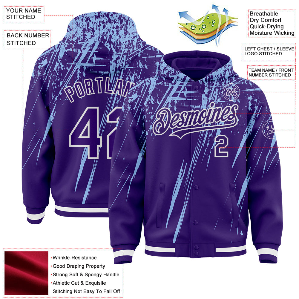 Custom Purple Light Blue-White Splash 3D Pattern Design Bomber Full-Snap Varsity Letterman Hoodie Jacket