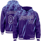Custom Purple Light Blue-White Splash 3D Pattern Design Bomber Full-Snap Varsity Letterman Hoodie Jacket