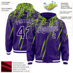 Custom Purple Neon Green-White Splash 3D Pattern Design Bomber Full-Snap Varsity Letterman Hoodie Jacket