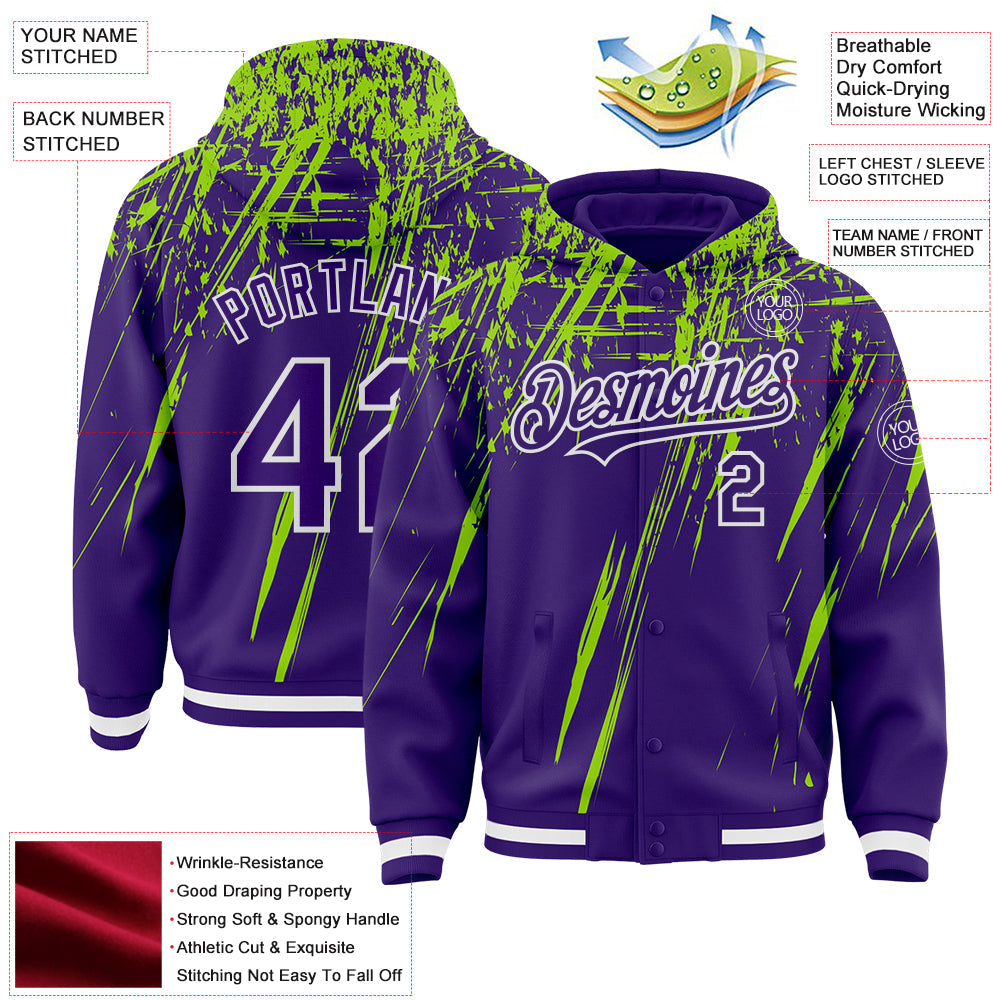 Custom Purple Neon Green-White Splash 3D Pattern Design Bomber Full-Snap Varsity Letterman Hoodie Jacket