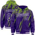 Custom Purple Neon Green-White Splash 3D Pattern Design Bomber Full-Snap Varsity Letterman Hoodie Jacket