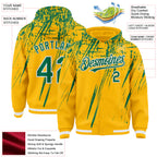 Custom Gold Kelly Green-White Splash 3D Pattern Design Bomber Full-Snap Varsity Letterman Hoodie Jacket
