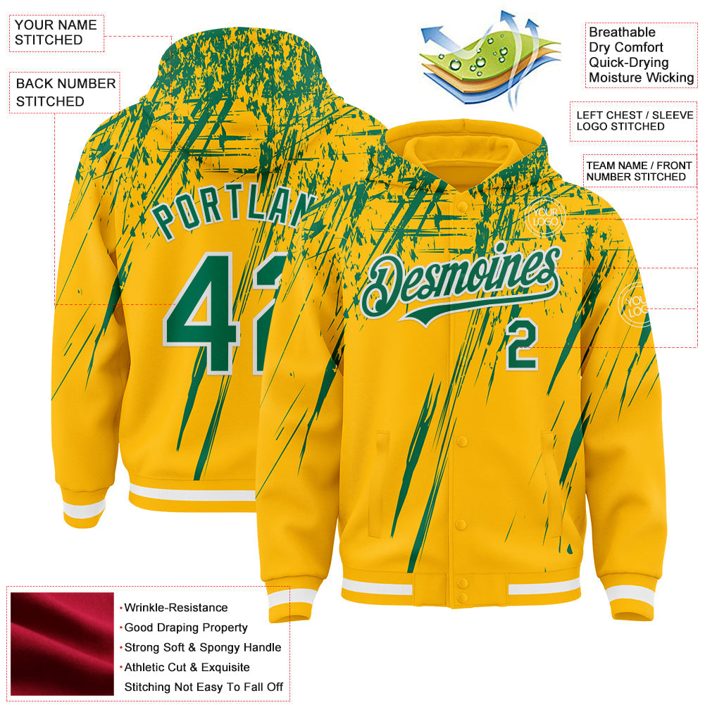 Custom Gold Kelly Green-White Splash 3D Pattern Design Bomber Full-Snap Varsity Letterman Hoodie Jacket