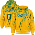 Custom Gold Kelly Green-White Splash 3D Pattern Design Bomber Full-Snap Varsity Letterman Hoodie Jacket
