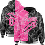 Custom Graffiti Pattern Pink Black-White Scratch Bomber Full-Snap Varsity Letterman Hoodie Jacket