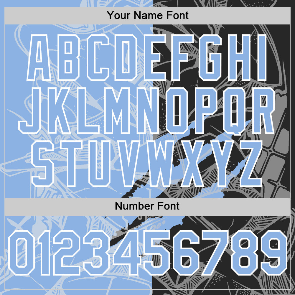 Custom Graffiti Pattern Light Blue Black-White Scratch Bomber Full-Snap Varsity Letterman Hoodie Jacket