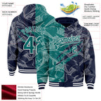 Custom Graffiti Pattern Teal Navy-White Scratch Bomber Full-Snap Varsity Letterman Hoodie Jacket