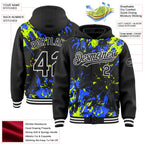 Custom Black Neon Green Royal-White Splash 3D Pattern Design Bomber Full-Snap Varsity Letterman Hoodie Jacket