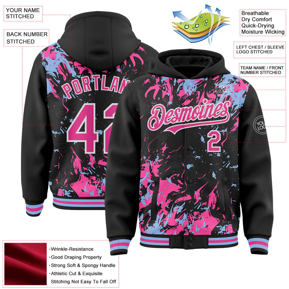 Custom Black Pink Light Blue-White Splash 3D Pattern Design Bomber Full-Snap Varsity Letterman Hoodie Jacket